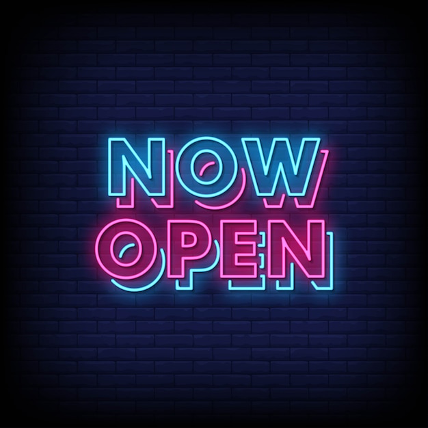 Vector now open neon signs style text vector