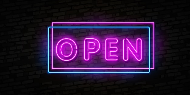 Vector now open neon text