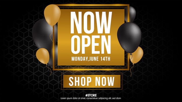 Ora apri il negozio o il nuovo negozio segno di lusso di colore oro e grigio su sfondo nero. design modello