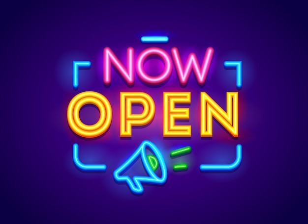 Vector now open typography, glowing neon banner isolated on blue background. sign for store, shop door or company service