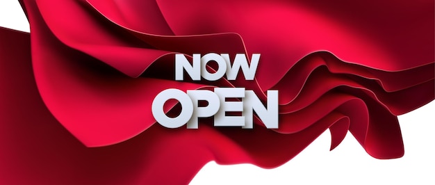 Now Open white sign on red fabric background