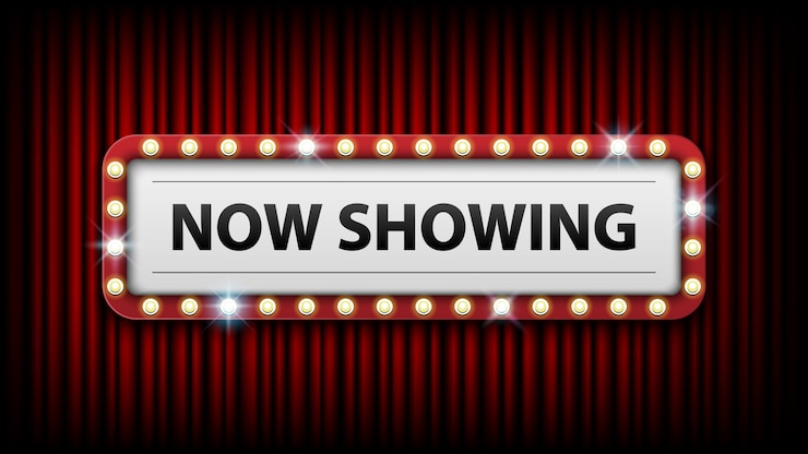 Vector now showing with electric bulbs frame on red curtain background