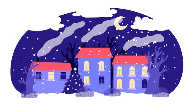 Vector nowy night in cozy christmas town merry christmas and happy new year greeting card and banner