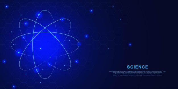 Ologramma dell'atomo nucleare con struttura molecolare per il concetto di scienza e tecnologia su blu scuro