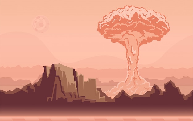 Vettore esplosione di una bomba nucleare nel deserto. fungo atomico. illustrazione.