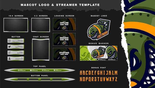 Vector nuclear bomb mascot logo and twitch overlay template premium vector
