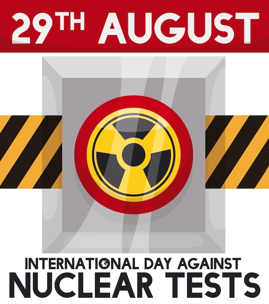 Vector nuclear button in its case with caution tape for international day against nuclear tests