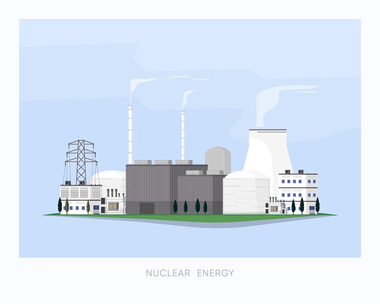 Vector nuclear energy nuclear power plant supply electricity to the factory and city