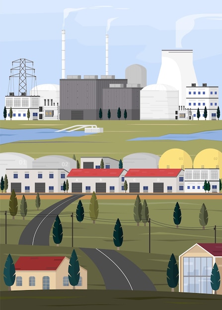 Vector nuclear energy nuclear power plant supply electricity to the factory and city