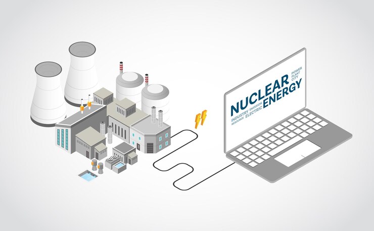 Атомная энергия, атомная электростанция с изометрической графикой