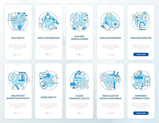 Nuclear energy production onboarding mobile app page screen set