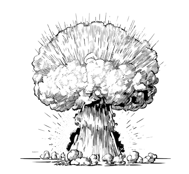 Nuclear explosion disaster hand drawn sketch Vector illustration