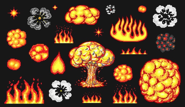 Nuclear explosion pixel art bit fire objects mushroom cloud game icons set comic boom flame bang