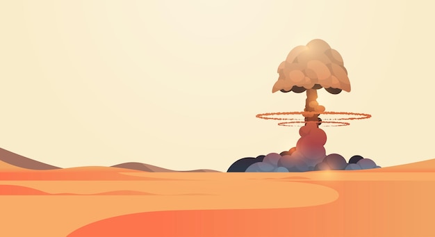 nuclear explosion rising fireball of atomic mushroom cloud in desert apocalipce detonation dangerous destruction stop war concept horizontal vector illustration