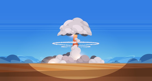 Ядерный взрыв, поднимающийся огненный шар атомного грибовидного облака в пустыне, апокалипсис, детонация, опасное разрушение, остановите войну