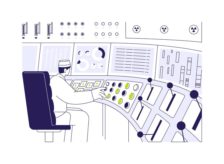 Vector nuclear power plant control room abstract concept vector illustration group of engineers controls