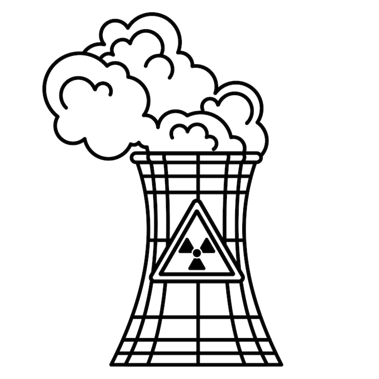 Vector nuclear power plant and factory nuclear energy industrial concept vector line art illustration