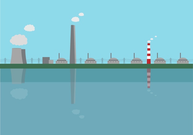 The nuclear power plant on the shore of the cooling pond Flat vector illustration