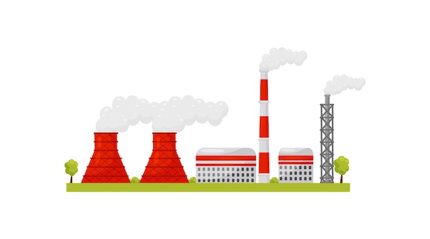 Nuclear power plant with industrial buildings and smoking pipes alternative energy theme flat vector