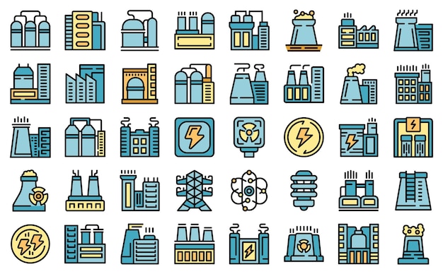 Nuclear power station icons set vector color flat
