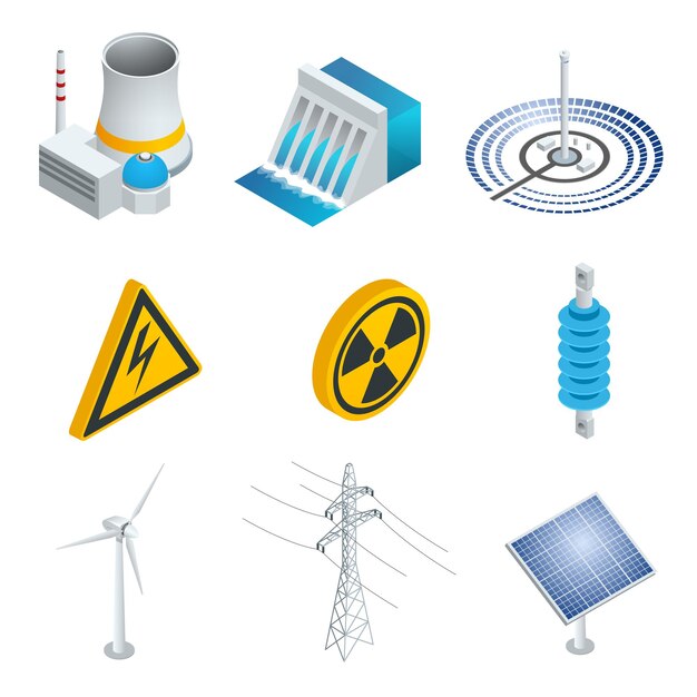 Centrale nucleare, centrale solare, turbina eolica, pannello solare, centrale idroelettrica. set isometrico piatto 3d. illustrazione vettoriale di icone industriali