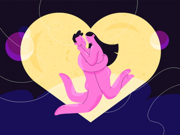 Nude man and woman hugging happily in front of lighting heart. Couple of newlyweds in their honeymoon. Harmony in love and sex relationship. Comfort and confidence. Body positive and self acceptance.