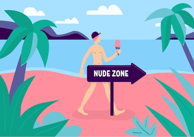 Vettore colore piatto zona nudista. l'uomo nudo si rilassa nella località di soggiorno. giovane maschio con il corpo nudo sulla spiaggia privata. persona in topless. personaggio dei cartoni animati naturista 2d con paesaggio sullo sfondo