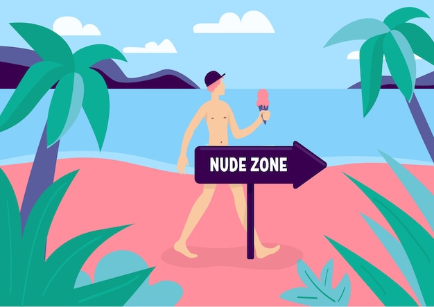 nudist zone flat color . naked man relax in resort. young male with bare body on private beach. topless person. naturist 2d cartoon character with landscape on background