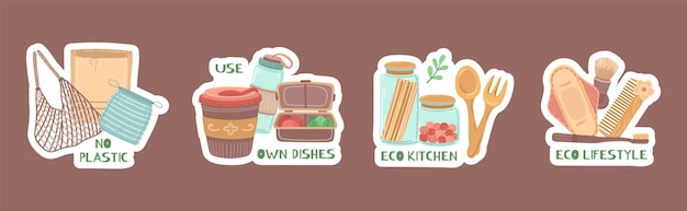 Nul afvalstickers. glazen pot, eco keukenelementen. papieren stof boodschappentassen en herbruikbare koffiekopje vector set. illustratie bio en eco, bewaar het natuurcollectielabel