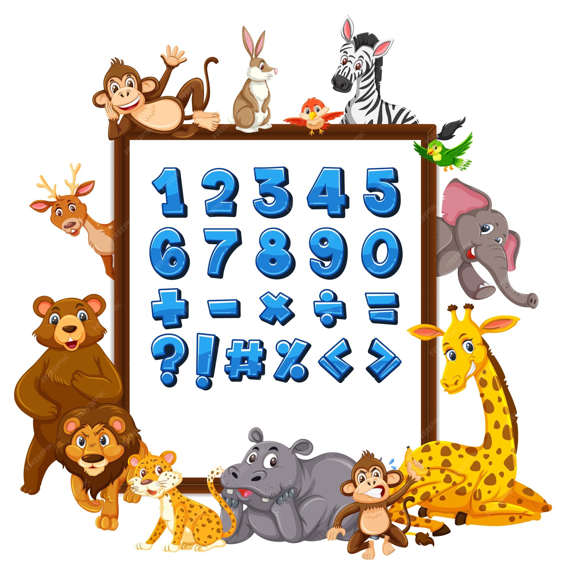 Premium Vector | Number 0 to 9 and math symbols on banner with wild animals