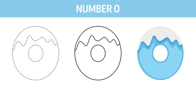 Number 0 Snow tracing and coloring worksheet for kids