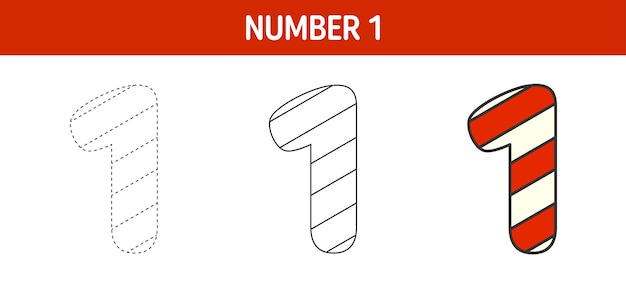 Number 1 Candy Cane tracing and coloring worksheet for kids