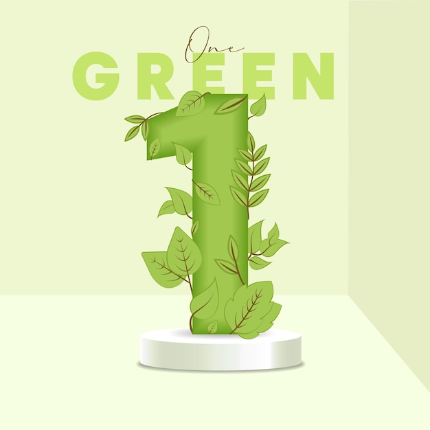 Vector number 1 leaves and branches on the stand leaves font 1 symbol with green plant texture