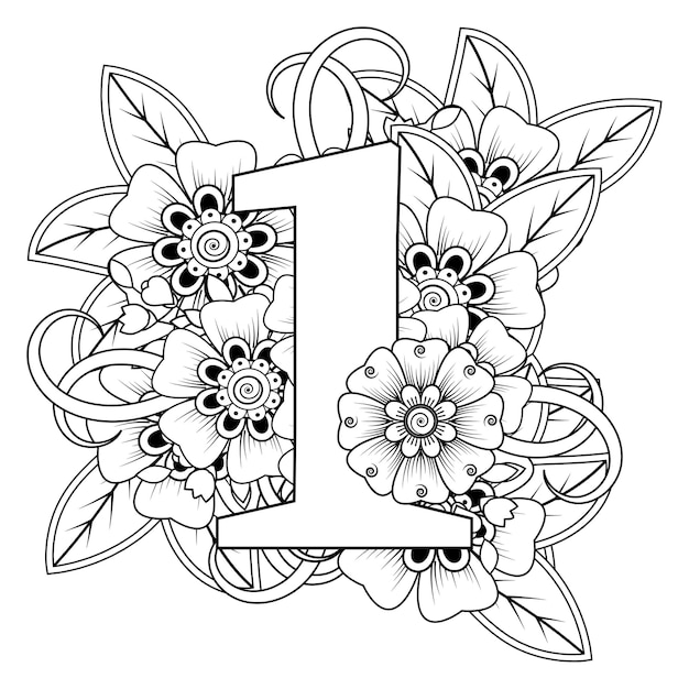 Number 1 with Mehndi flower decorative ornament in ethnic oriental style coloring book page