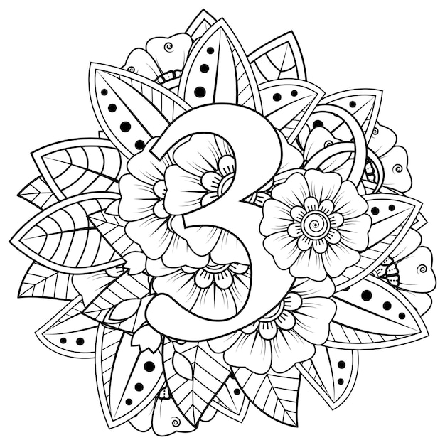 Numero 1 con ornamento decorativo fiore mehndi in stile etnico orientale pagina del libro da colorare