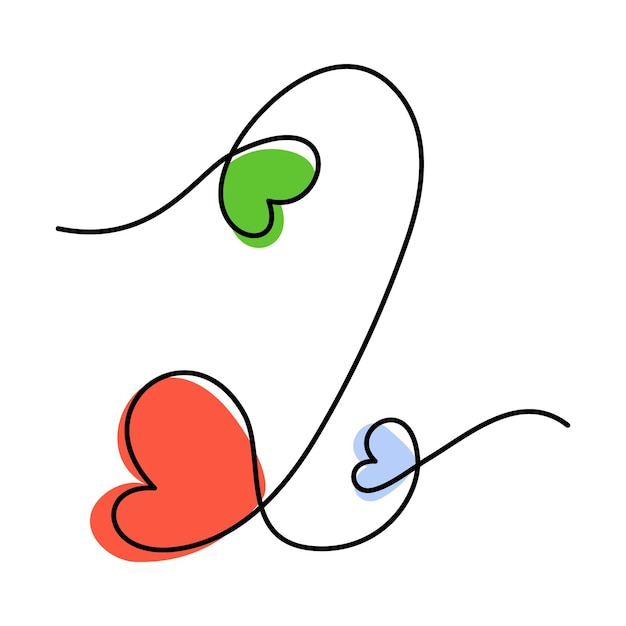 Number 2 handwritten in one continuous line with hearts and color spots in trendy shades Vector