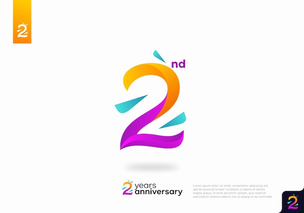 Disegno dell'icona del logo numero 2, numero del logo del 2° compleanno, anniversario 2, 2° anniversario