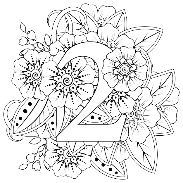 Number 2 with Mehndi flower decorative ornament in ethnic oriental style coloring book page