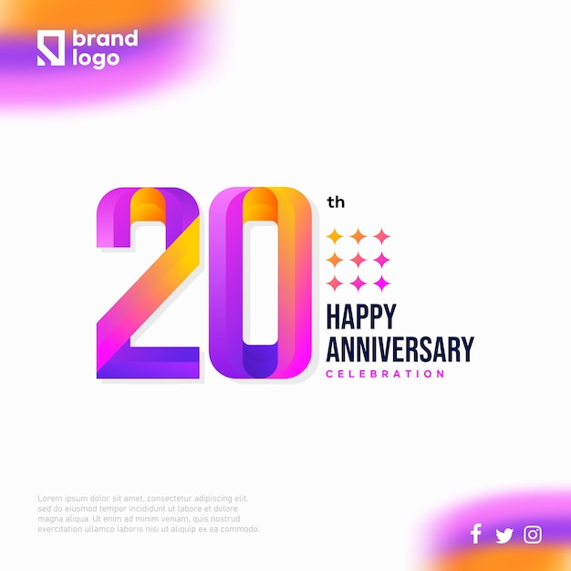 Design dell'icona del logo numero 20, numero del logo del compleanno 20, anniversario 20 per post sui social media