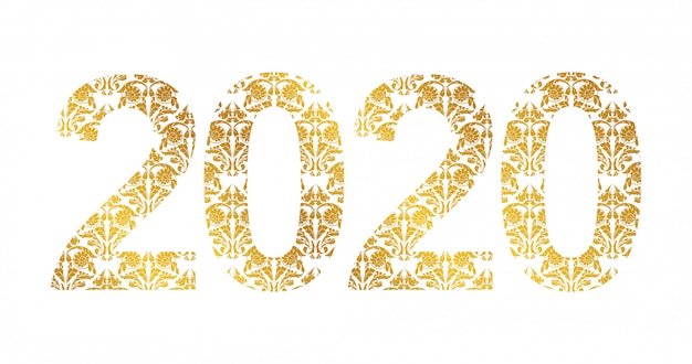 Number 2020 year with golden floral shapes