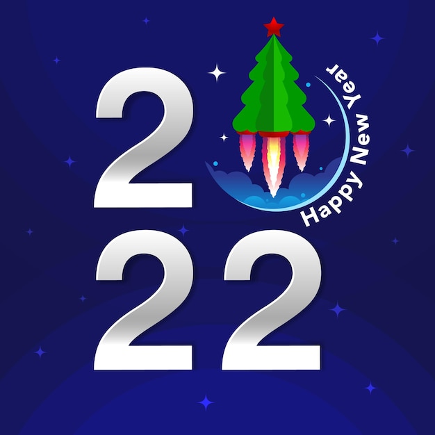 Number 2022 and a Christmas tree with a red star flying into space New Year Banner Concept