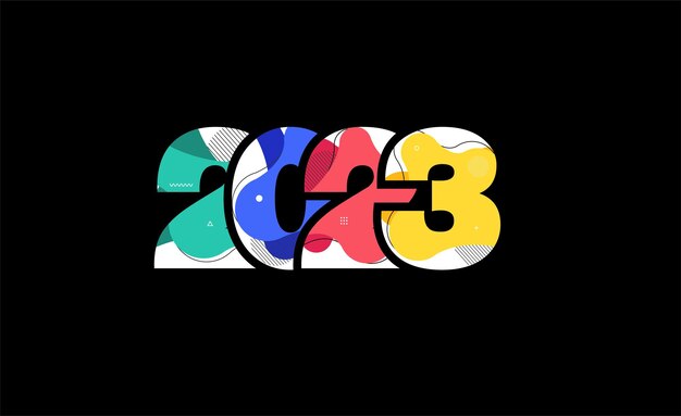 Number 2023 happy new year with abstract liquid shapes design modern graphic elements vector illustration template