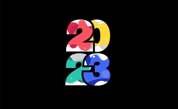 Number 2023 happy new year with abstract liquid shapes design modern graphic elements Vector illustration template