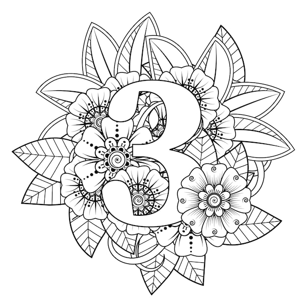 Number 3 with Mehndi flower decorative ornament in ethnic oriental style coloring book page