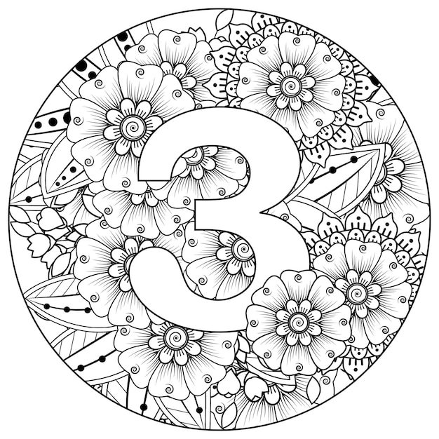 Number 3 with mehndi flower decorative ornament in ethnic oriental style coloring book page