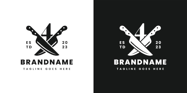 Number 4 Double Knife Logo Suitable for any business related to knife with 4 initial