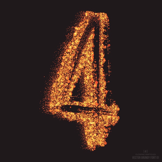 Vector number 4 fire burning text effect font design element on black background. bright golden shimmer scatter particles flame glowing symbol