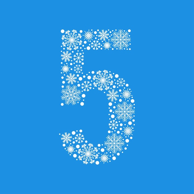 Number 5 made from white snowflakes christmas snow design element