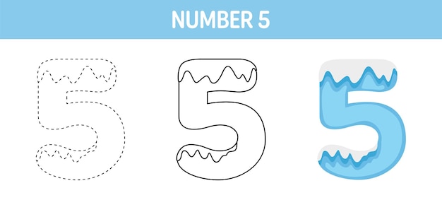 number 5 snow tracing and coloring worksheet for kids