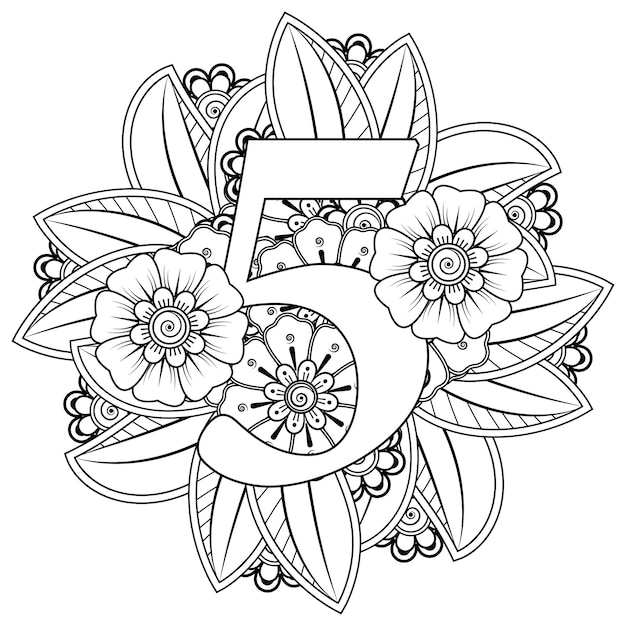 number 5 with mehndi flower decorative ornament in ethnic oriental style coloring book page